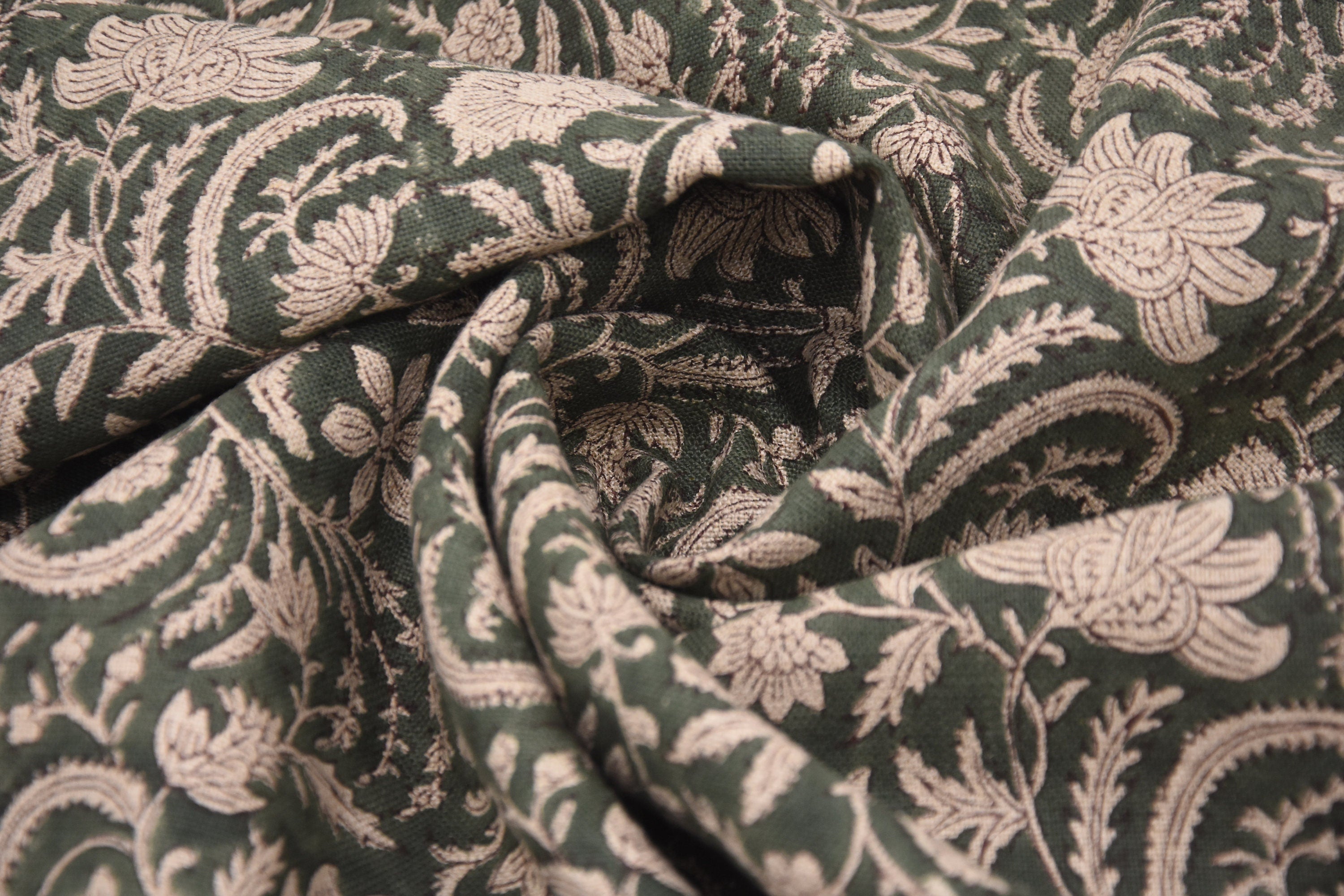 Thick Linen 58" Wide, Handmade Natural Fabric Green Floral Print, Farmhouse Decorative Pillows and Table Cloth - KUNDANVAN