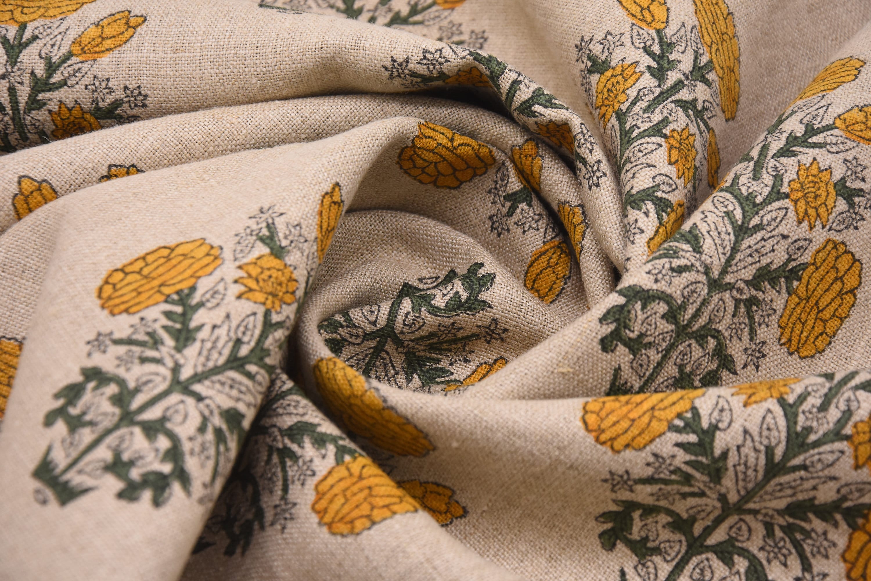 Indian hand block, thick linen 58" wide, hand made mustard floral print, upholstery curtain, table and sofa cover - SWADESH