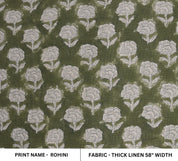 Thick linen 58" Wide, Green Rose Floral Hand block Linen Pillow Cover, Indian Upholstery Fabric Cushion Cover - Rohini