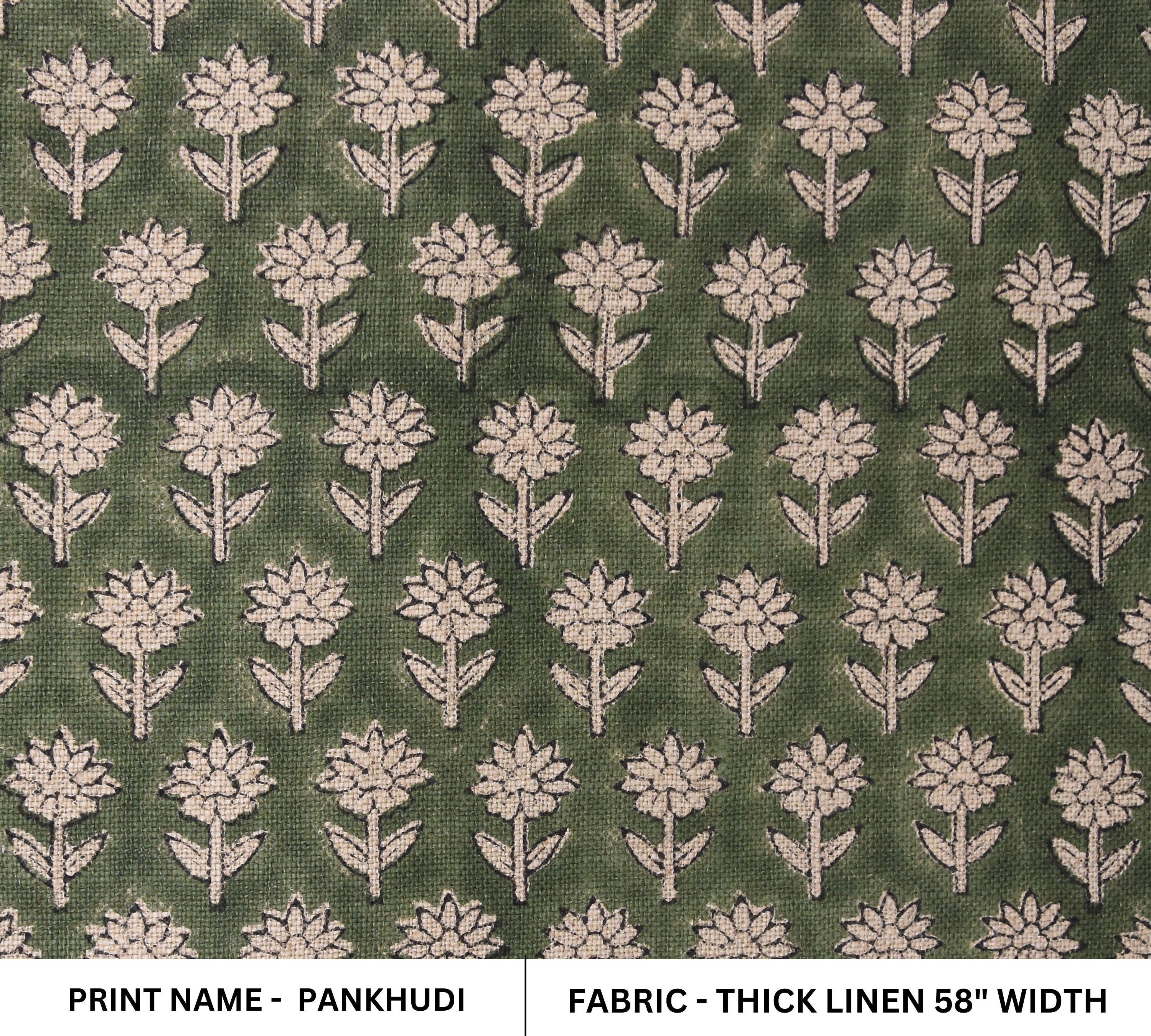 Thick Linen 58" Wide Indian hand block floral print, fabric by the yard, hand made upholstery sofa cover - PANKHUDI