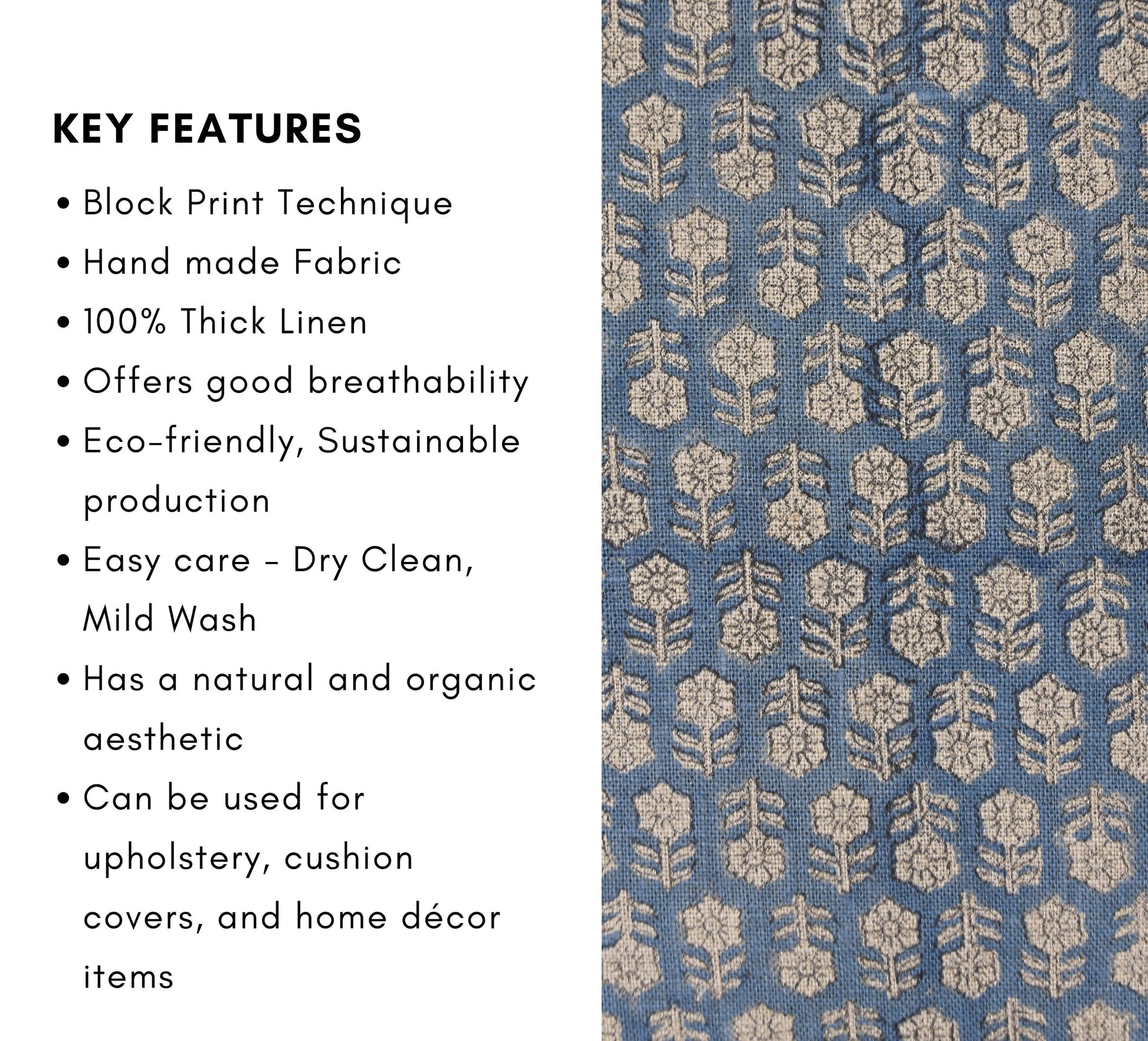 Block Print Thick Linen 58" Wide, handblock floral curtains, Indian fabric Cushion Cover, Blue color linen - Tusli Butti