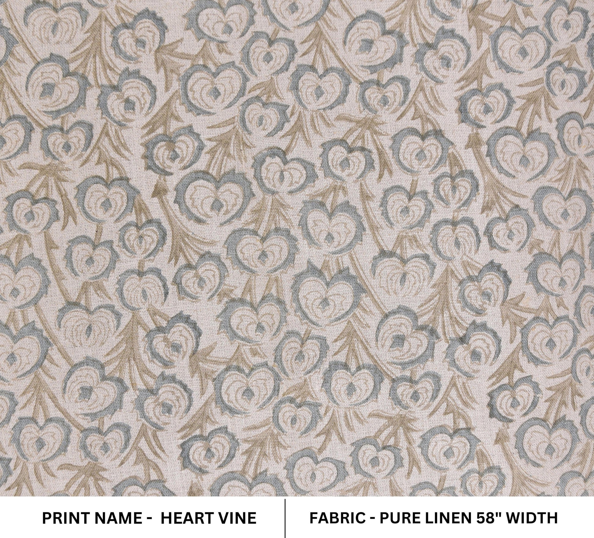 Pure linen 58" wide, Indian hand block print, decorative curtains, wall hangings, natural fabric block print, handmade blocks - Heart vine