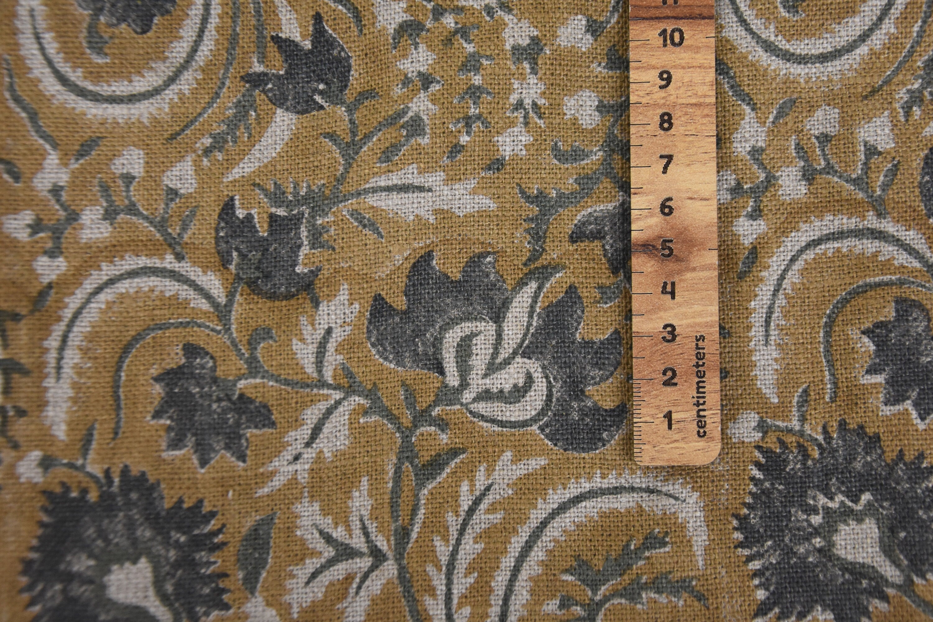 Hand block floral print, Thick linen 58" wide, linen fabric for pillows and cushions covers, handmade art, upholstery curtains - KUNDANVAN BROWN
