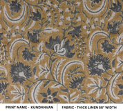 Hand block floral print, Thick linen 58" wide, linen fabric for pillows and cushions covers, handmade art, upholstery curtains - KUNDANVAN BROWN