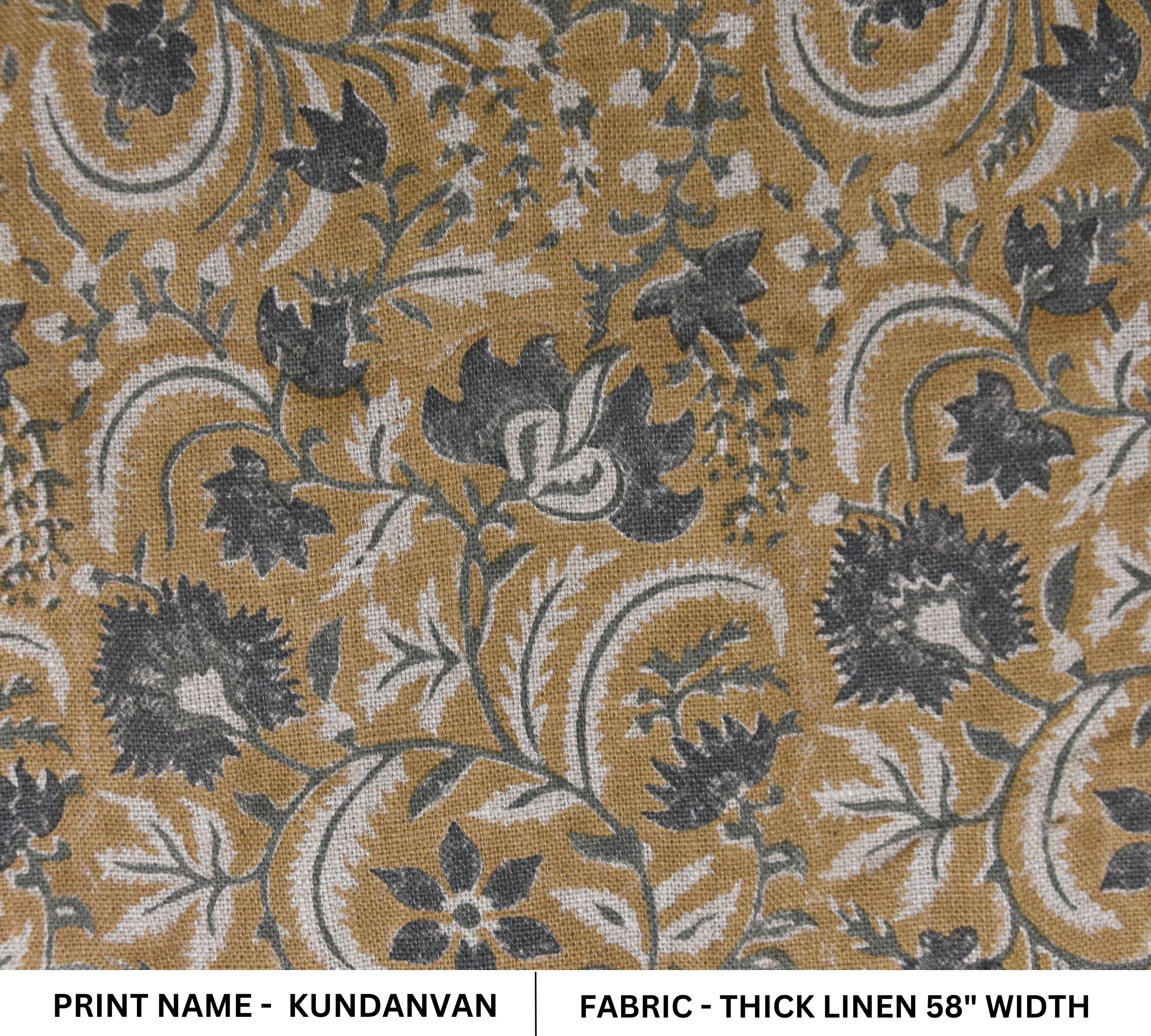 Hand block floral print, Thick linen 58" wide, linen fabric for pillows and cushions covers, handmade art, upholstery curtains - KUNDANVAN BROWN