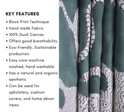 Duck Canvas 50" wide, handmade block print fabric, Cushion cover, block print green, pillow cover, Hand block fabric - MUSHKRAAJ