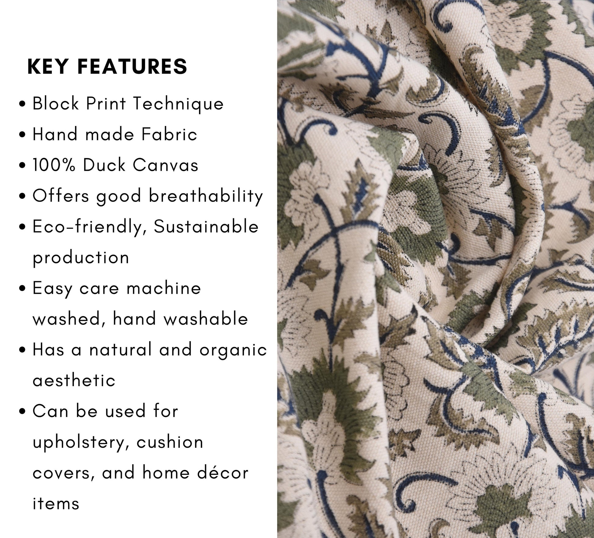 Hand Block Duck Canvas 50" Wide Fabric Handmade Block Print Indian Cushion Cover Curtains and Napkins - MANDAKINI