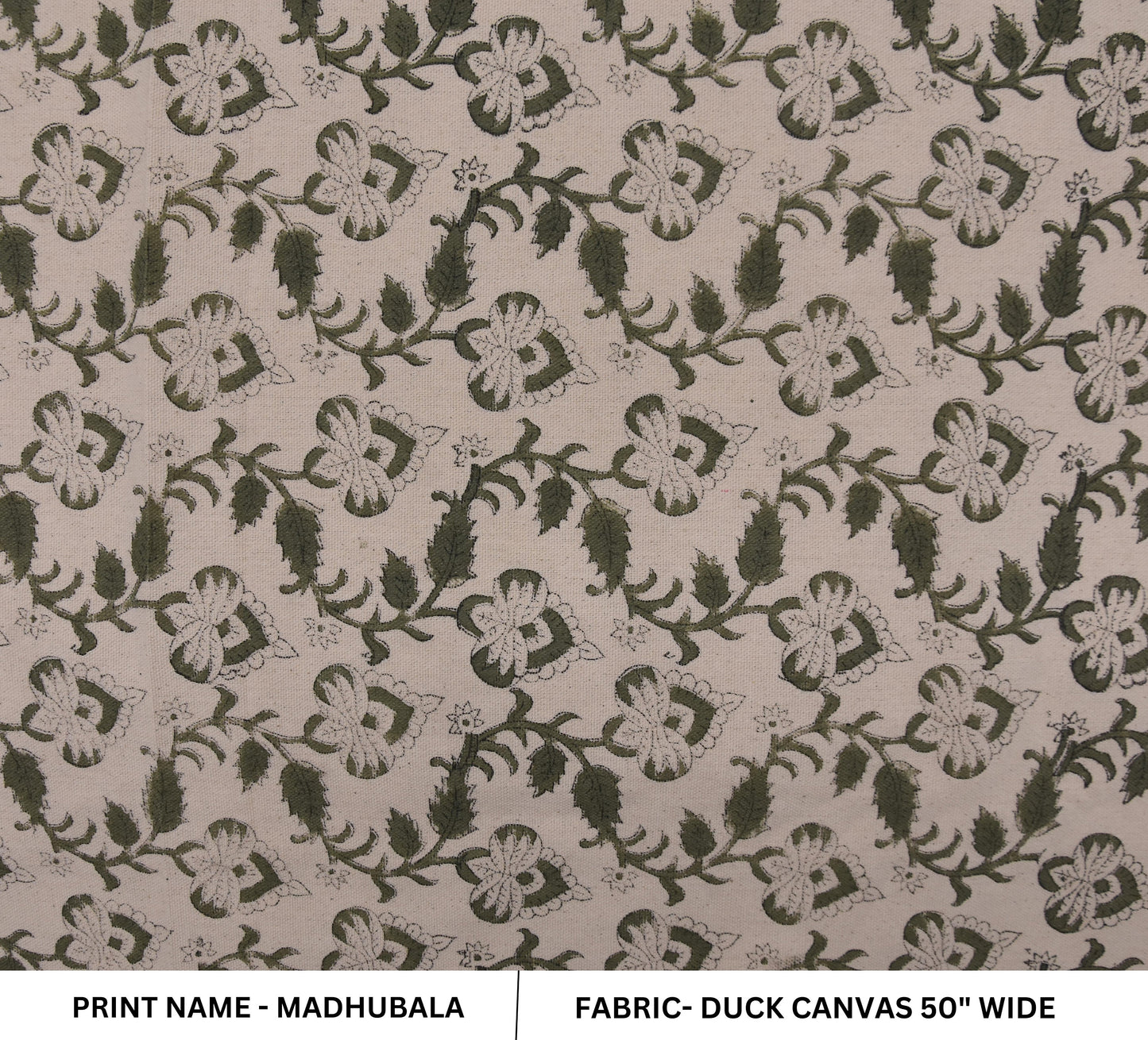 Block Print Duck Canvas 50" Wide - Handmade Indian Cushion Cover Decorative Curtain and Tablecloth with Floral Print Block - MADHUBALA