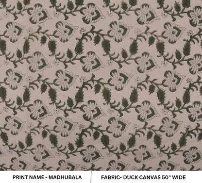 Block Print Duck Canvas 50" Wide - Handmade Indian Cushion Cover Decorative Curtain and Tablecloth with Floral Print Block - MADHUBALA