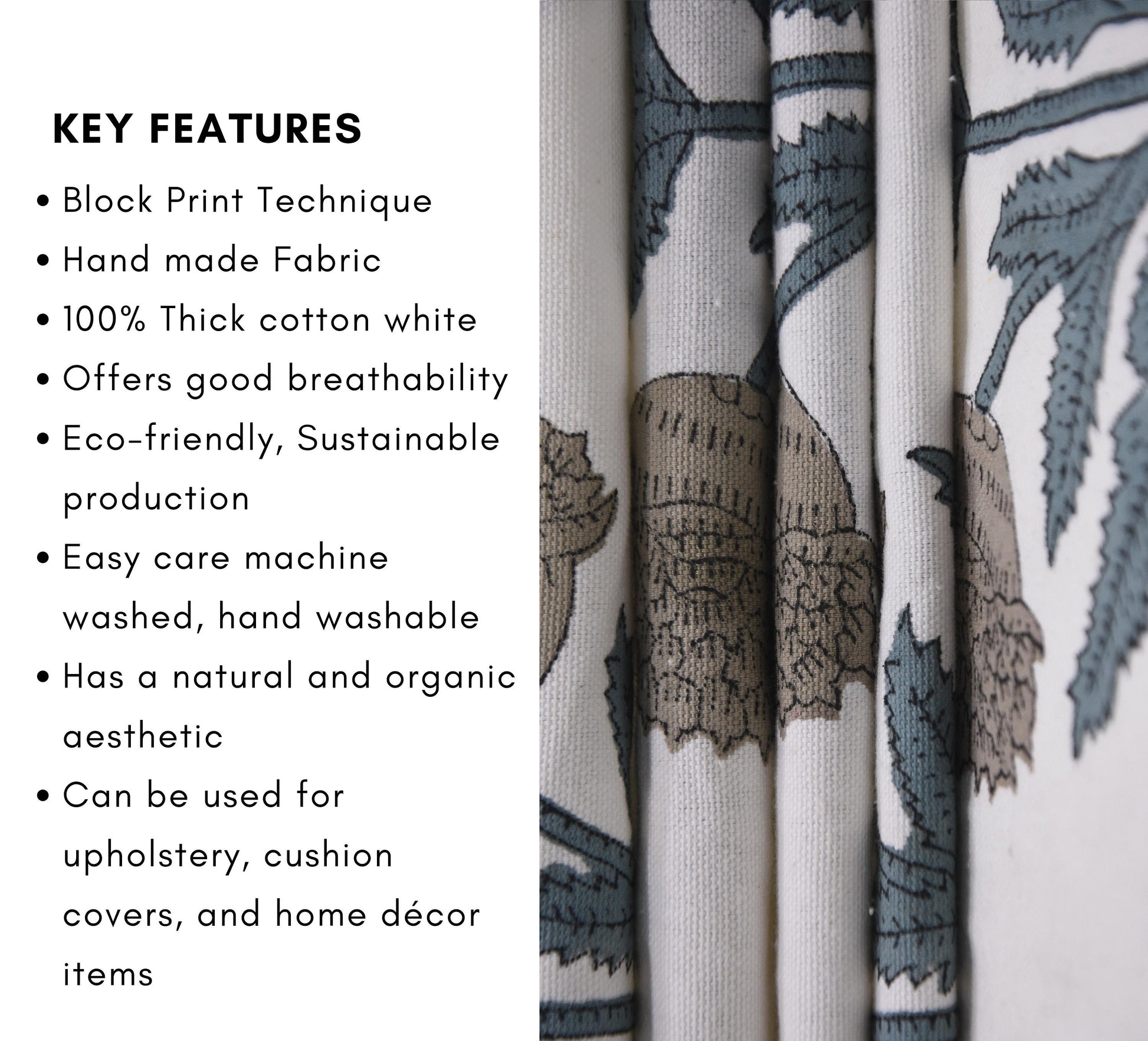 Block Print Thick Cotton White 63" Wide Fabric Hand-Blocked Curtain Windowpane  Floral Print Cushion Covers - BADSHAH