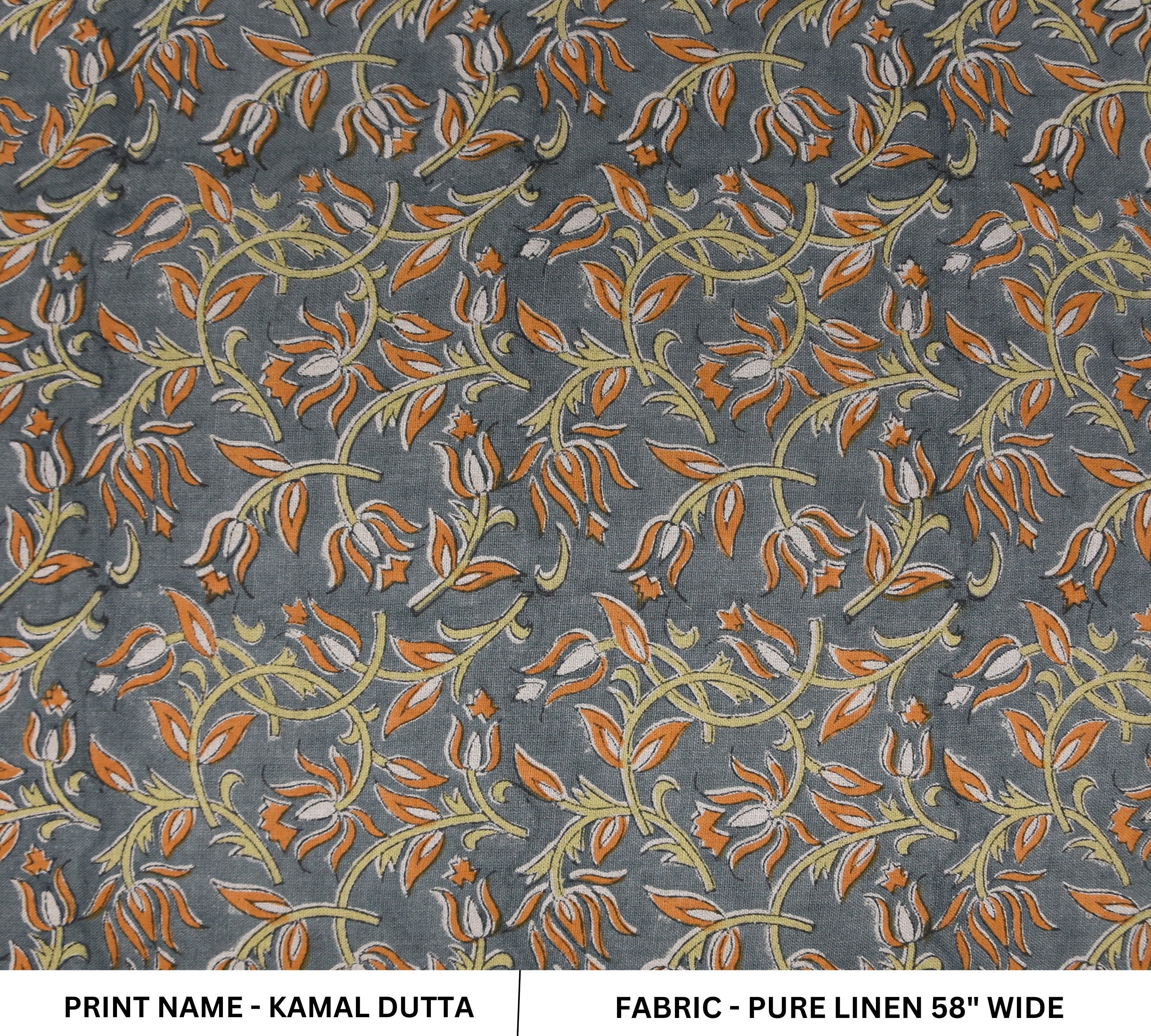 Block print pure linen 58" wide fabric, handmade pillow fabric, linen fabric for table covers, premium linen fabric  - KAMAL DUTTA