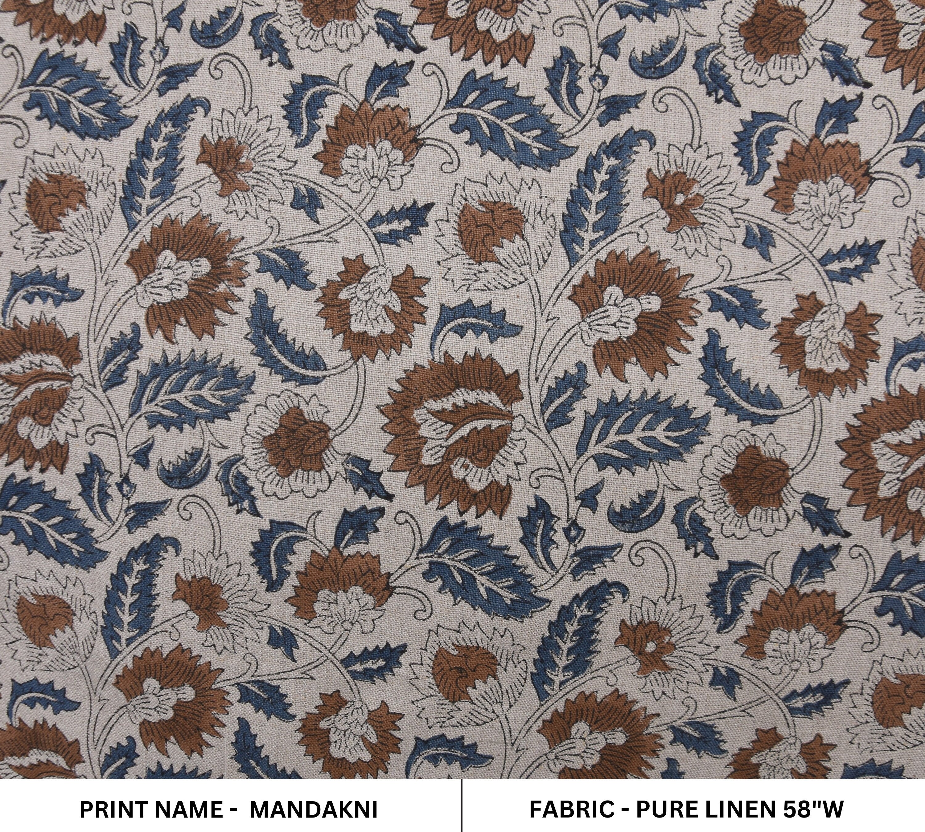 Hand block print, pure linen 58" wide window curtains, heavyweight fabric for table cover, lampshades, pillows -MANDAKNI