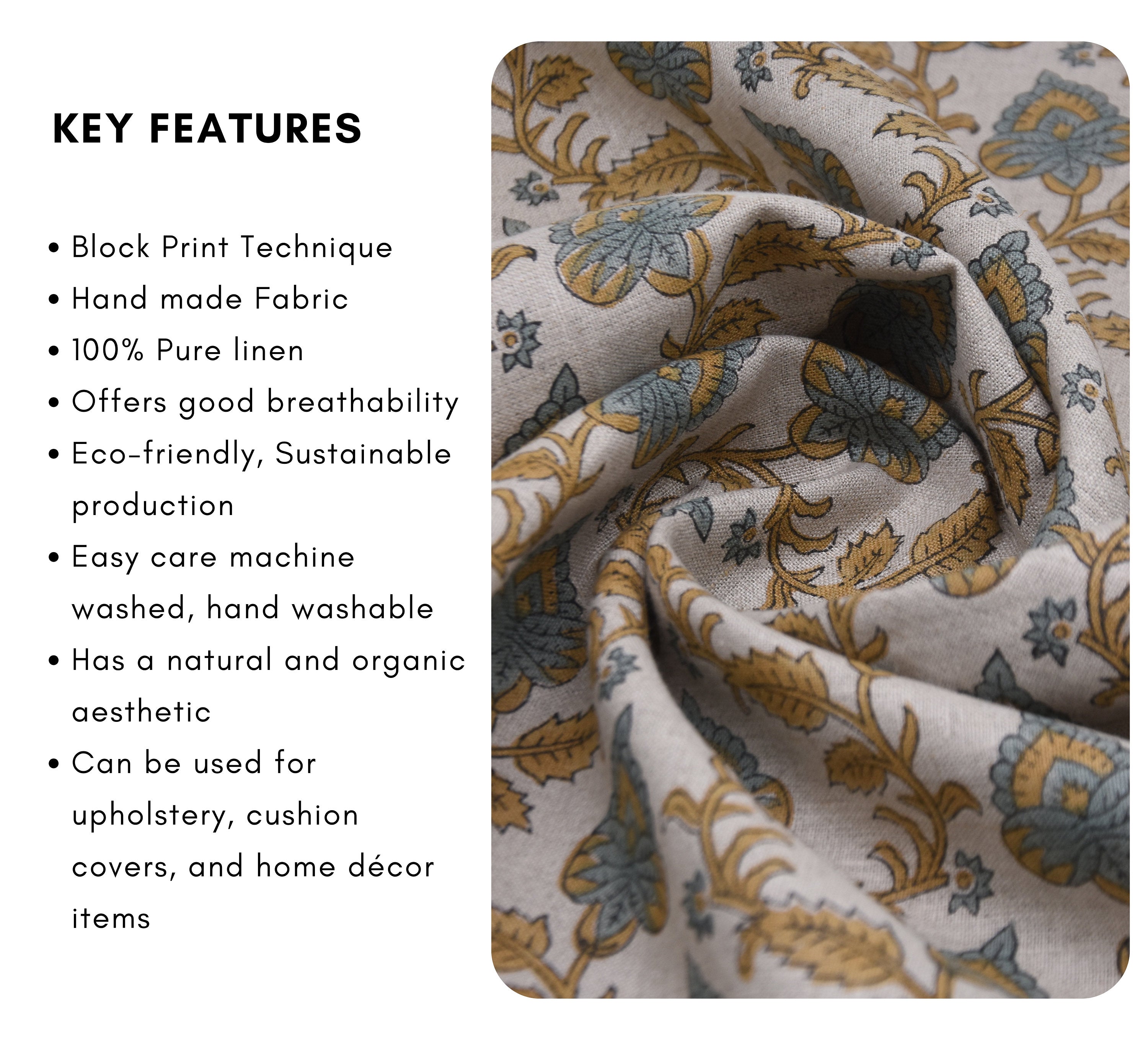 Block Print Pure Linen 58" Wide, Handloom Indian fabric , floral pillow print, upholstery, linen by yard, cushion fabric - MADHUBALA