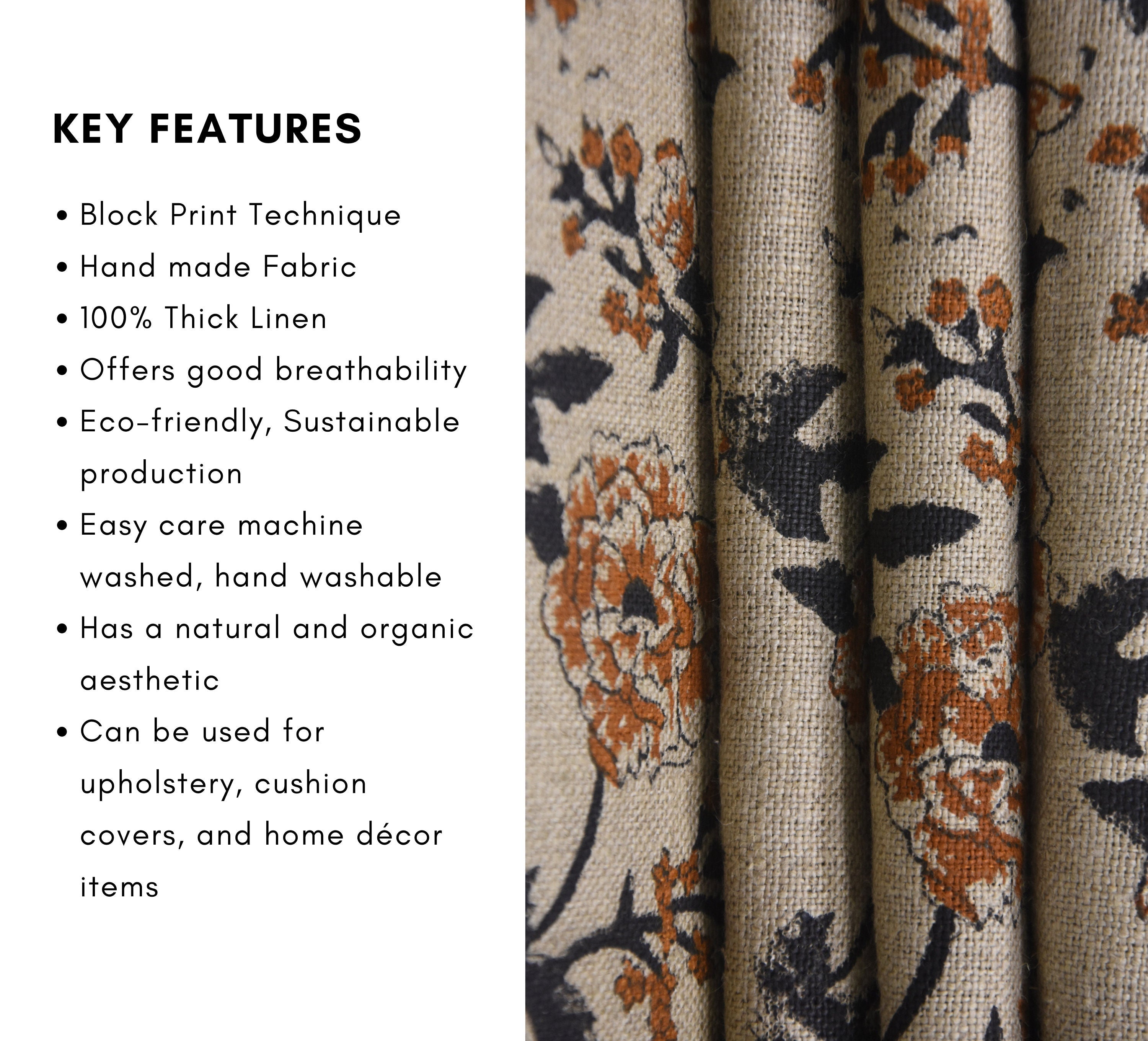 Thick linen 58" W fabric handmade art block print pillow, floral cushion covers, upholstery, curtains linen -RAMESHWARAM