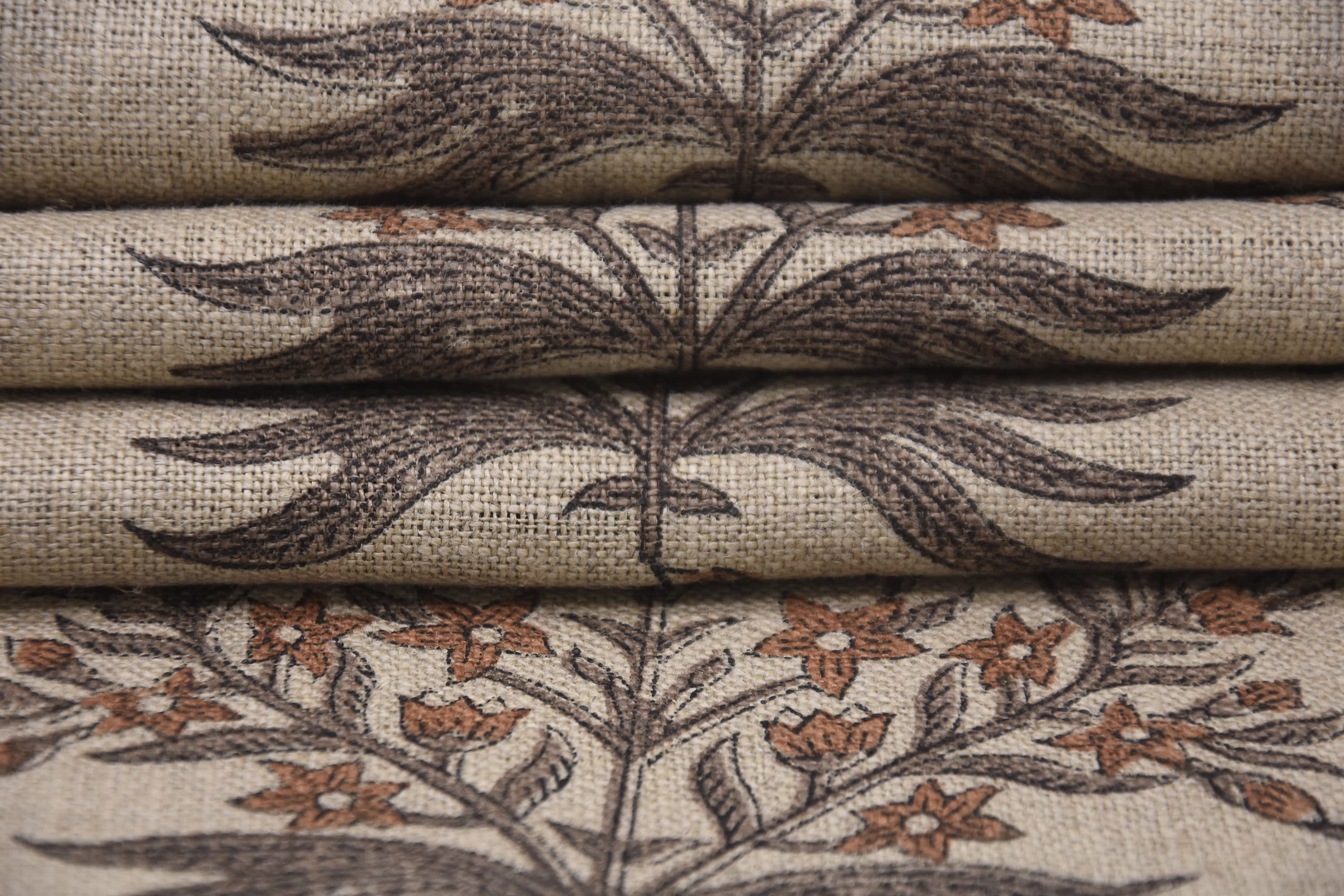 Floral hand block print, upholstery base fabric, thick linen 58" wide, linen fabric for curtains and tablecloth - VRINDAVAN
