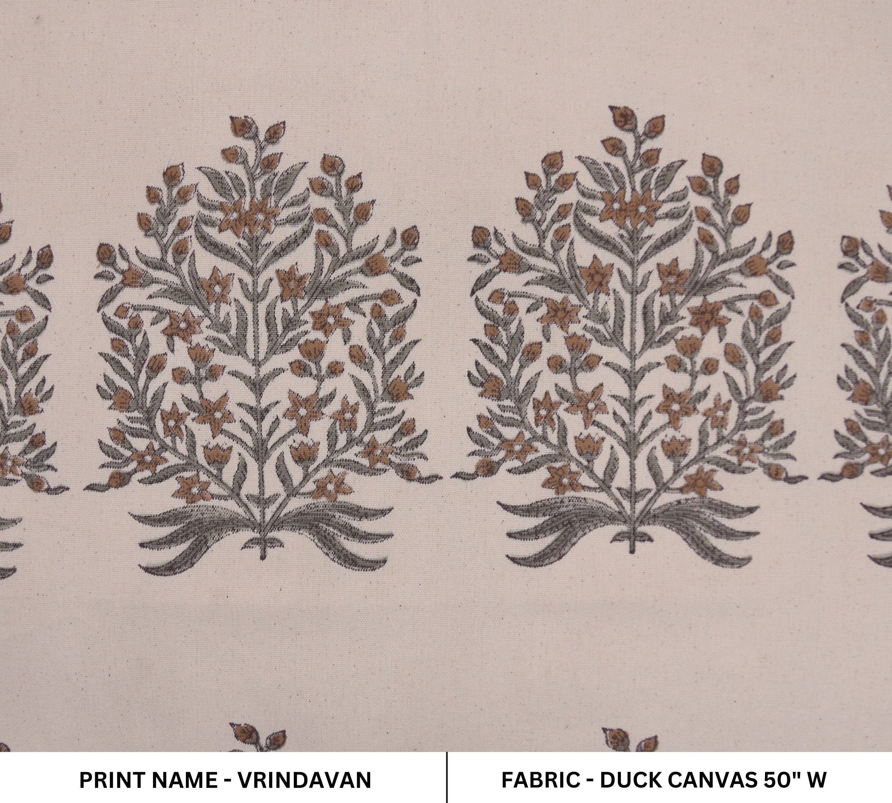 Floral block print duck canvas 50" wide, handmade art, pillow fabric, Indian block print fabric, decorative cushions - VRINDAVAN