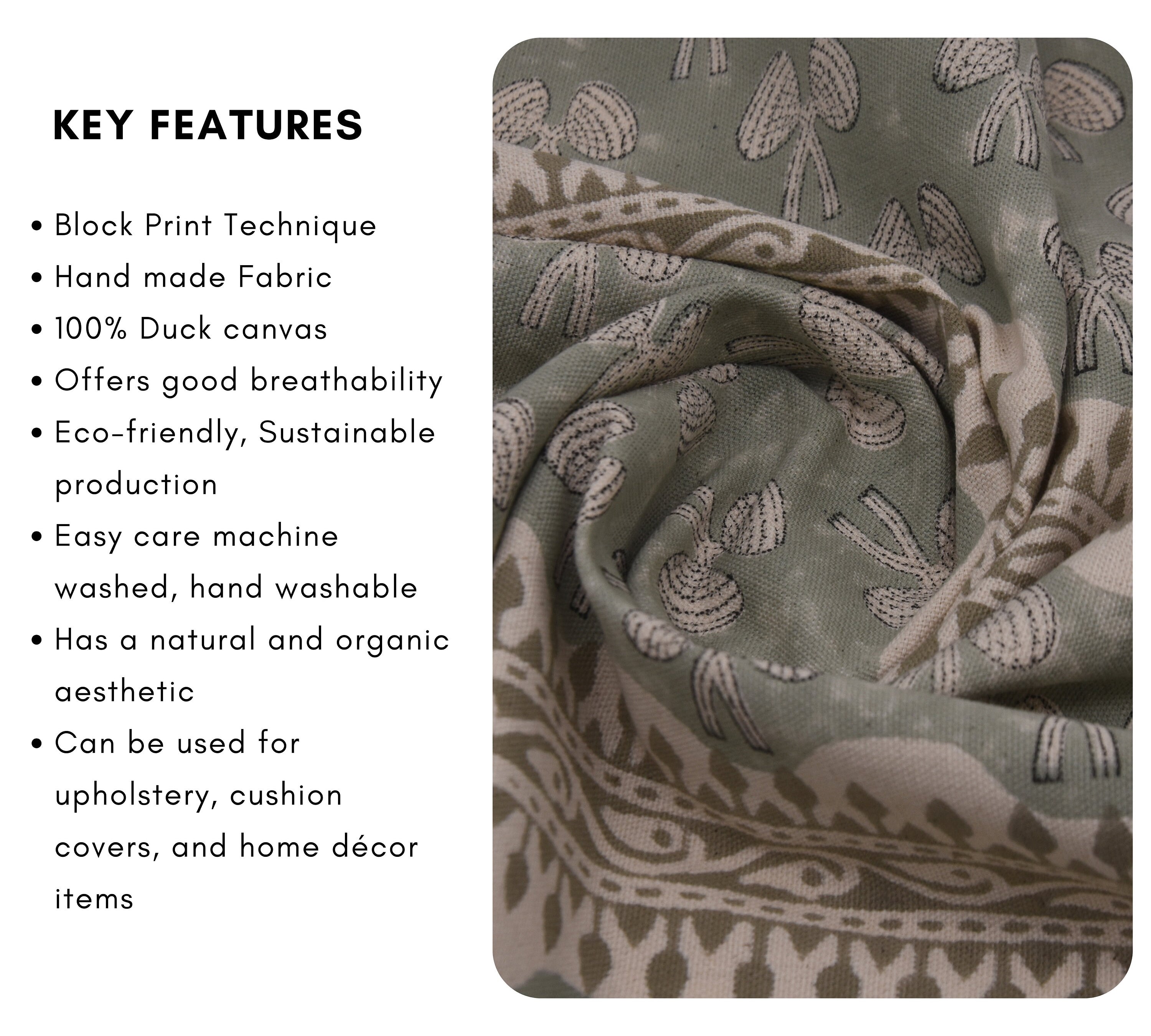Floral handmade art, duck canvas 50" wide fabric, decorative cushions, block print fabric, linen pillows - MASHROOM BORDER