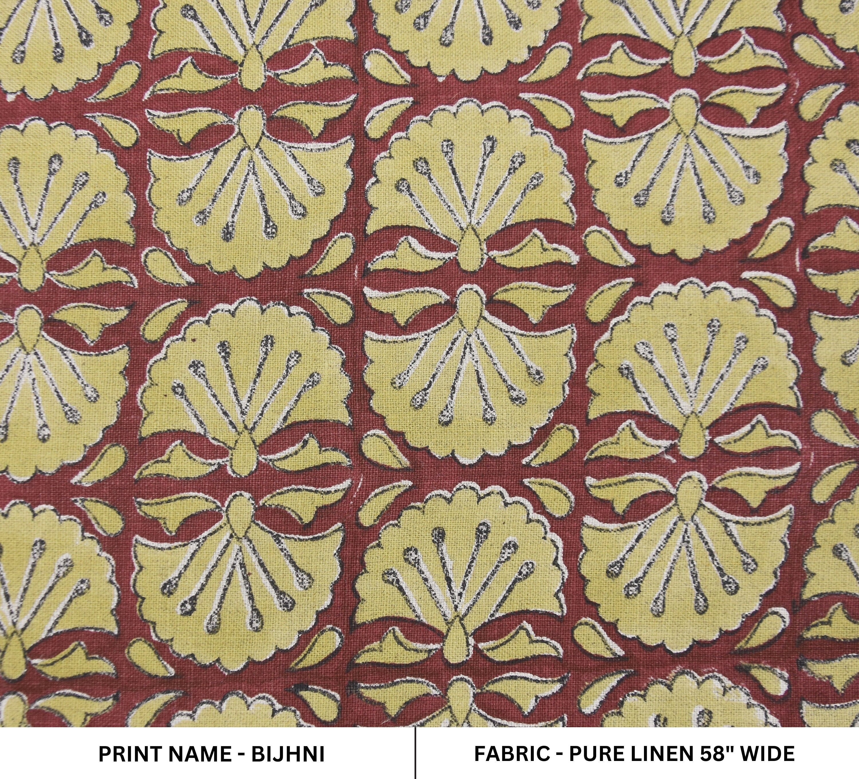 Block print pure linen 58" wide fabric for window curtains, pillow cover, sofa cushions, Indian block print - BHIJNI
