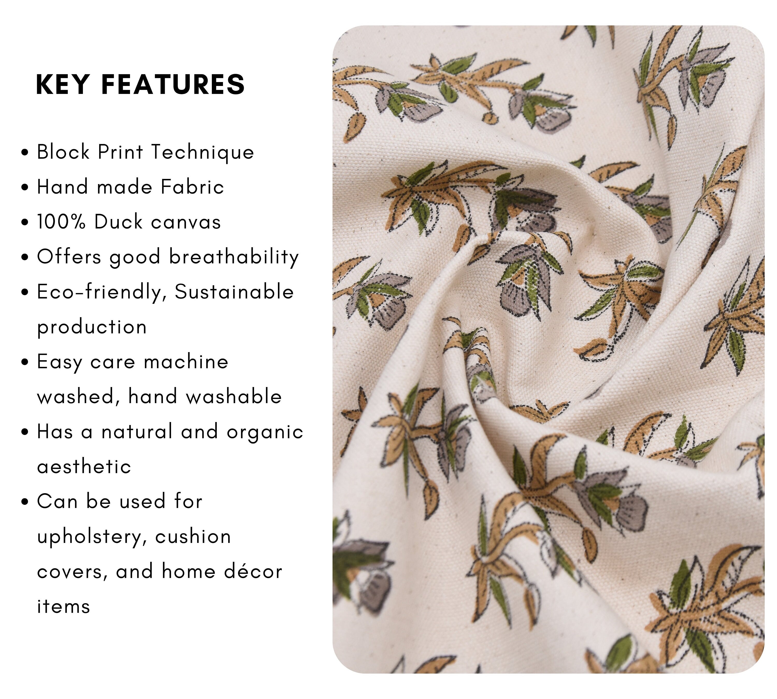 Decorative floral cushion cover, hand block print fabric, printed cotton, duck canvas 50" wide, boho décor - COASTAL TULIP