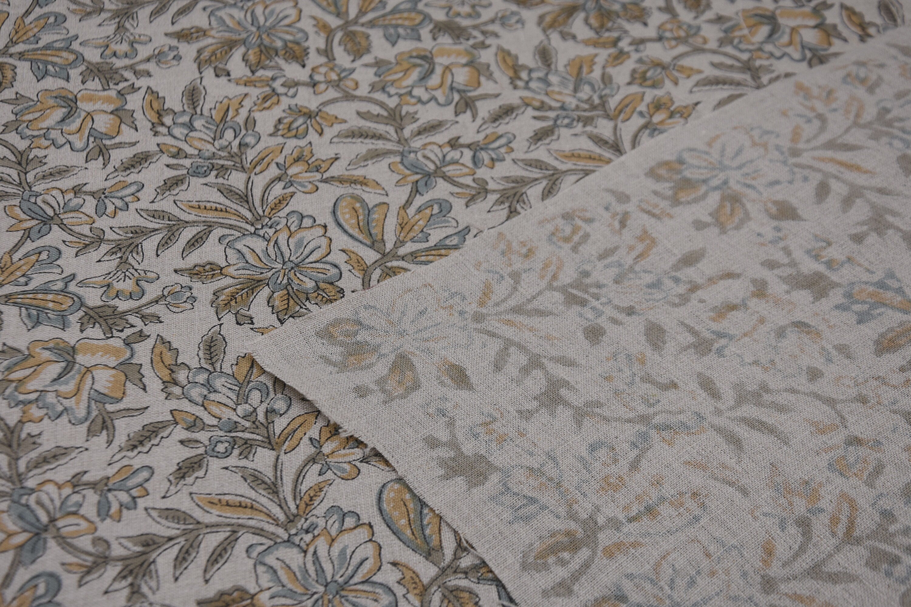 Pure linen 58" wide fabric, handmade block print, linen tablecloth, linen fabric by yard, decorative floral pillows - QUDRAT