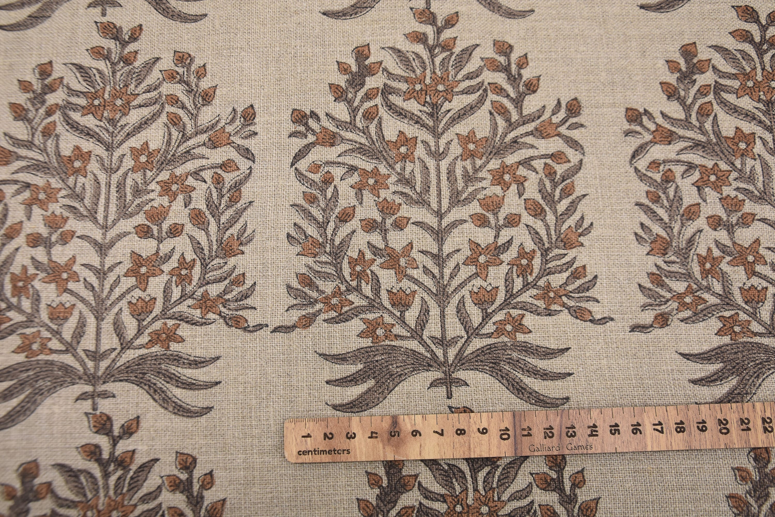 Floral hand block print, upholstery base fabric, thick linen 58" wide, linen fabric for curtains and tablecloth - VRINDAVAN