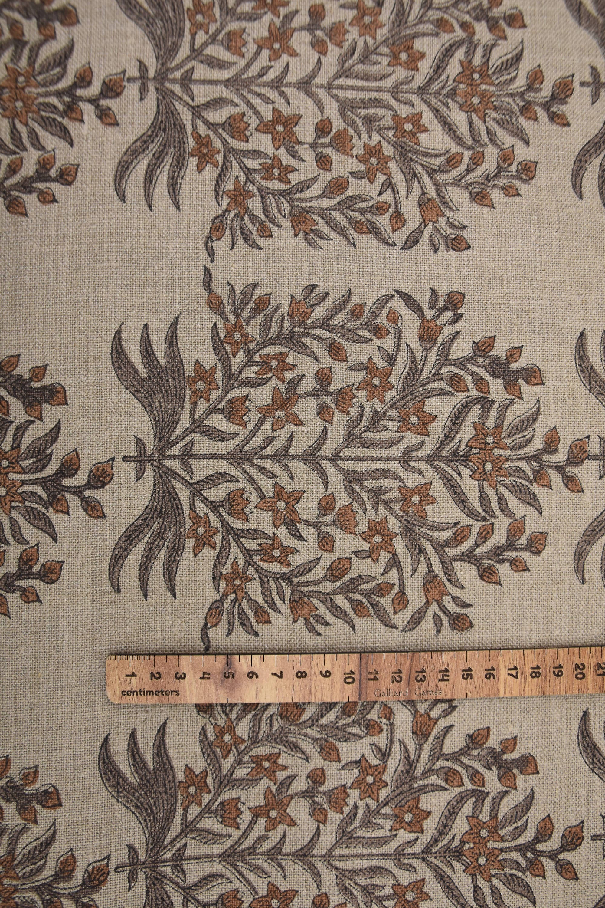 Floral hand block print, upholstery base fabric, thick linen 58" wide, linen fabric for curtains and tablecloth - VRINDAVAN