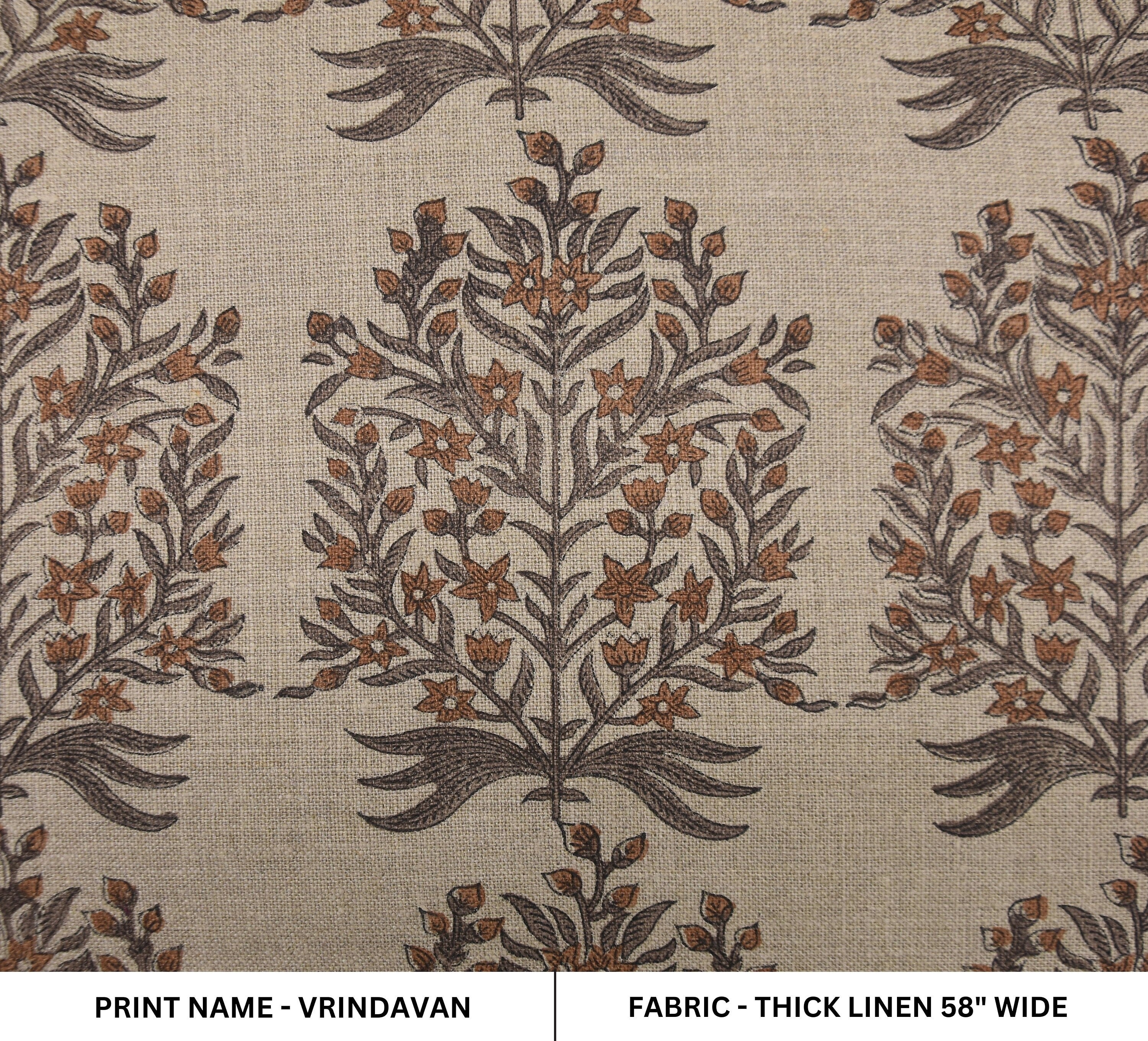 Floral hand block print, upholstery base fabric, thick linen 58" wide, linen fabric for curtains and tablecloth - VRINDAVAN