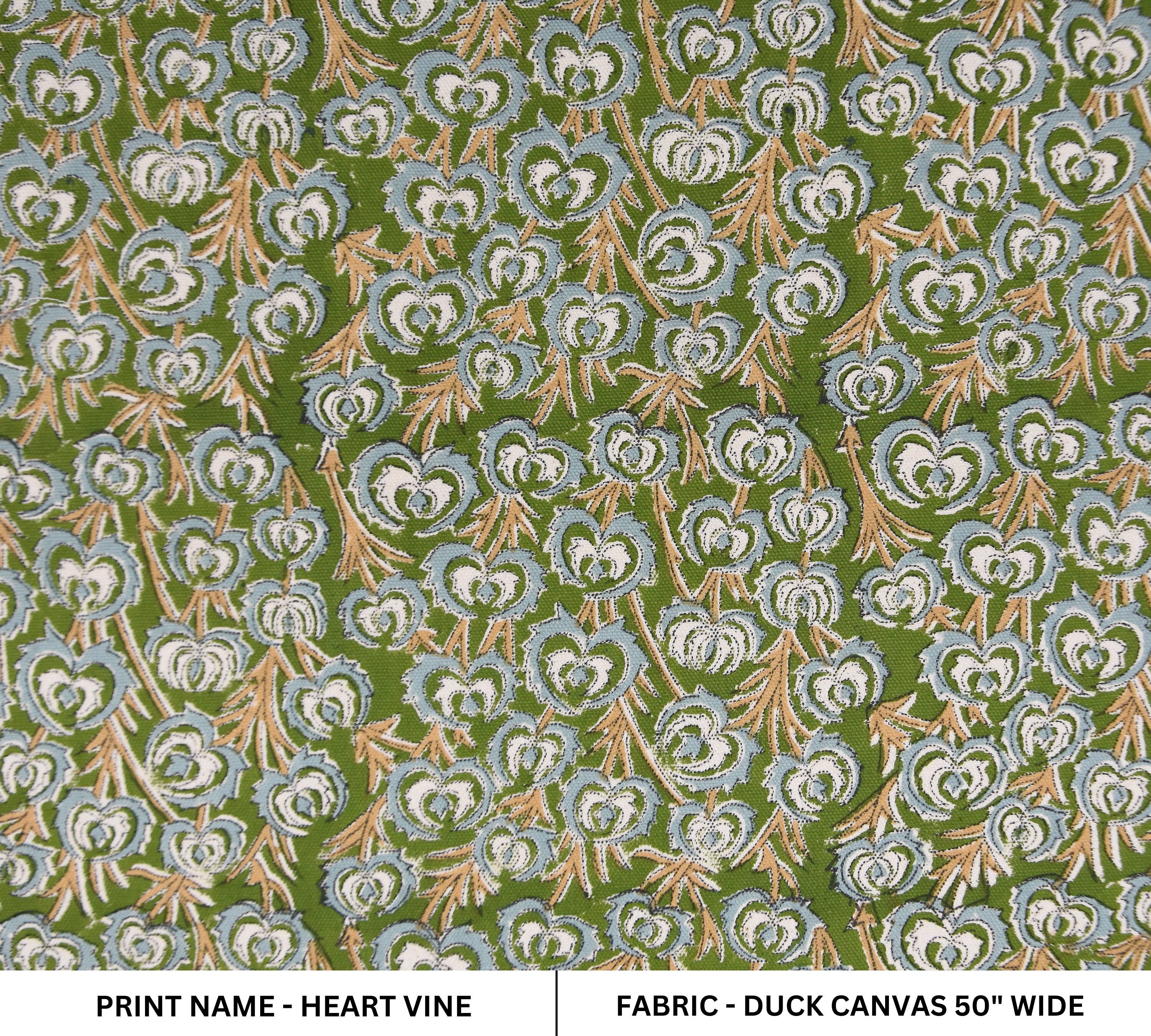 Handmade block print art, duck canvas 50" wide, cotton fabric, upholstery linen, Indian fabric, decorative pillows - HEART VINE