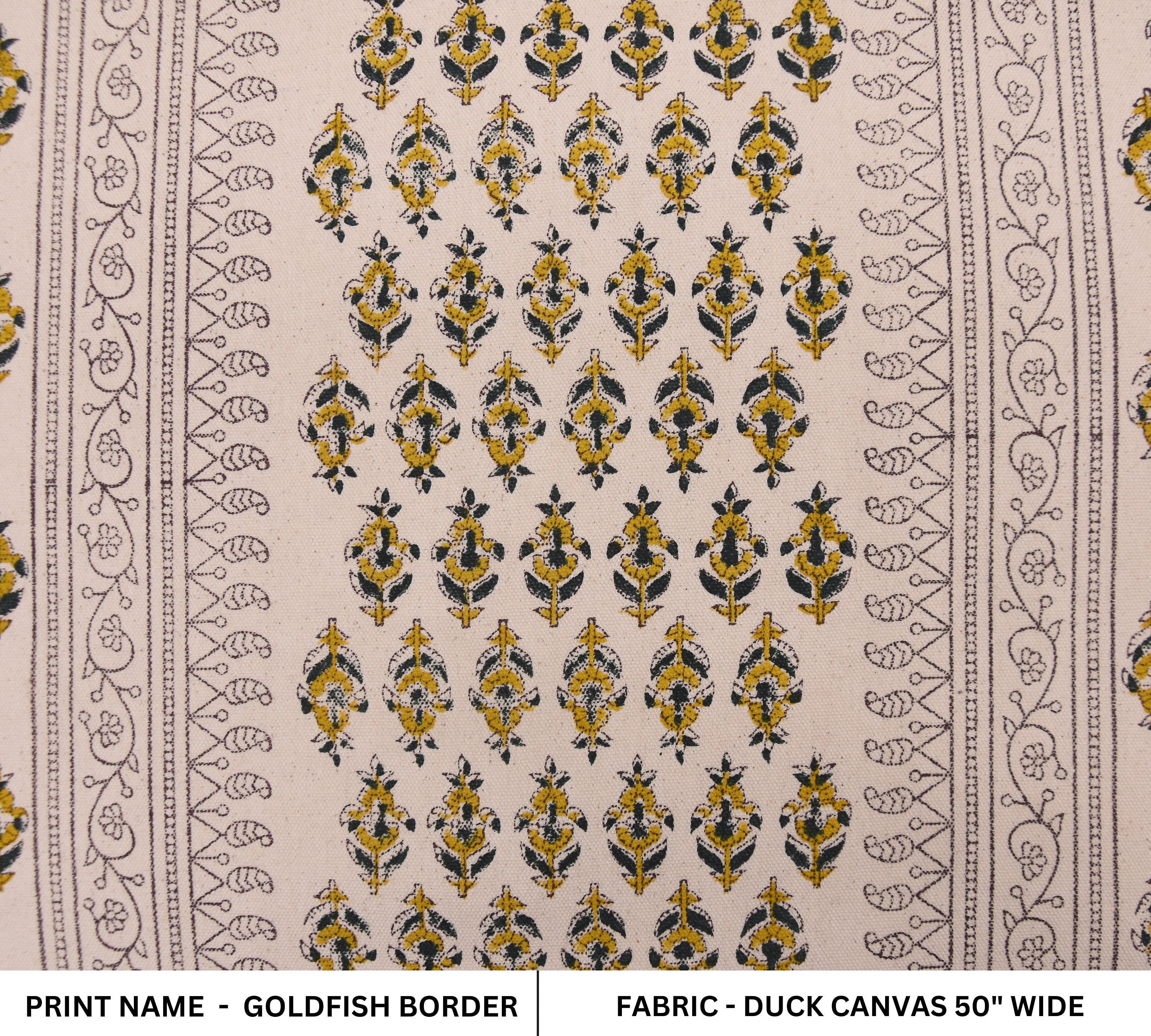 Cotton fabric duck canvas, hand block print, window shades and tablecloth, Indian textile, printed napkins - GOLDFISH BORDER