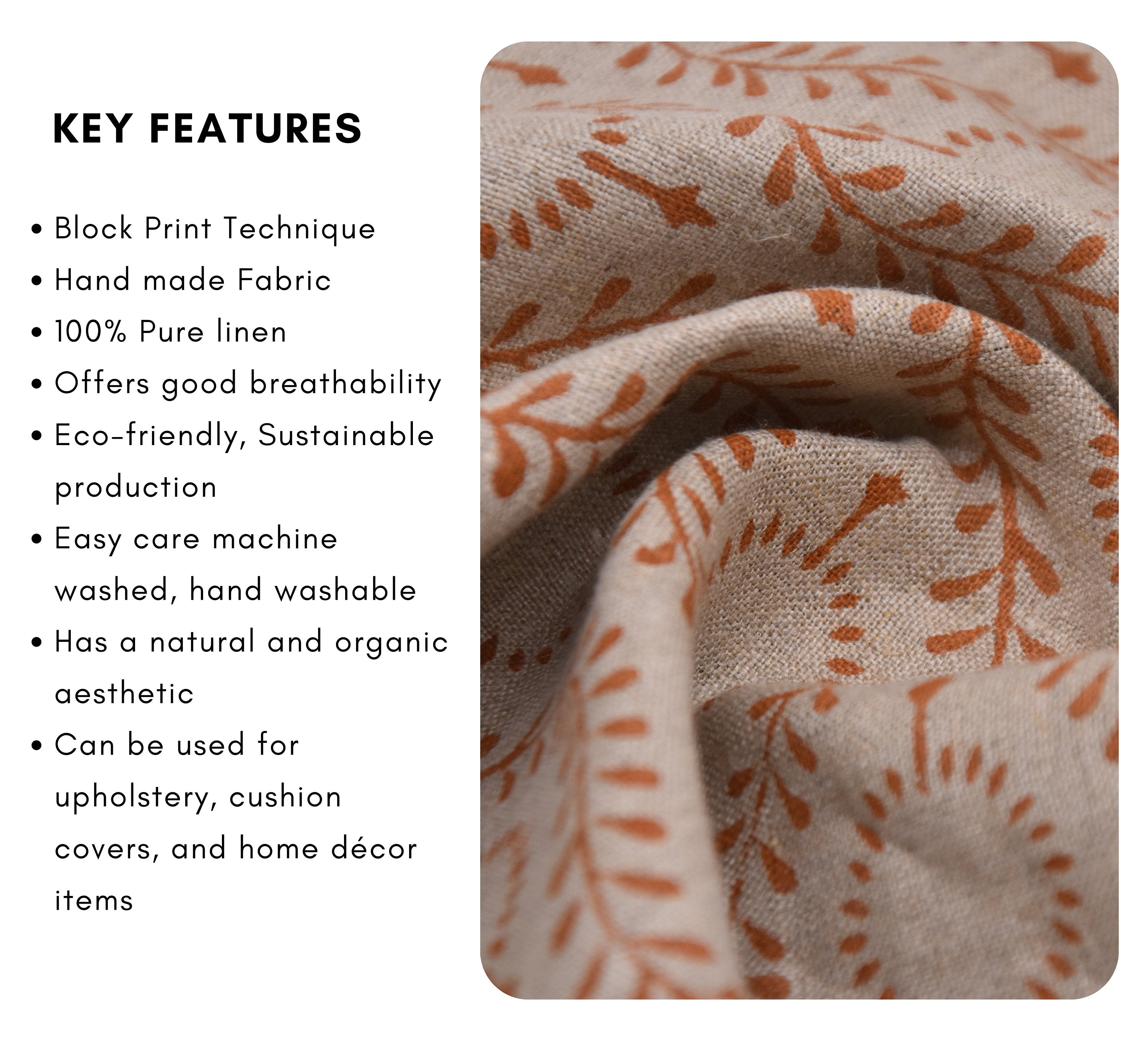 Block print fabric, handmade floral art, pure linen 58" wide, decorative window curtains, linen pillows, table cloth - LEHER
