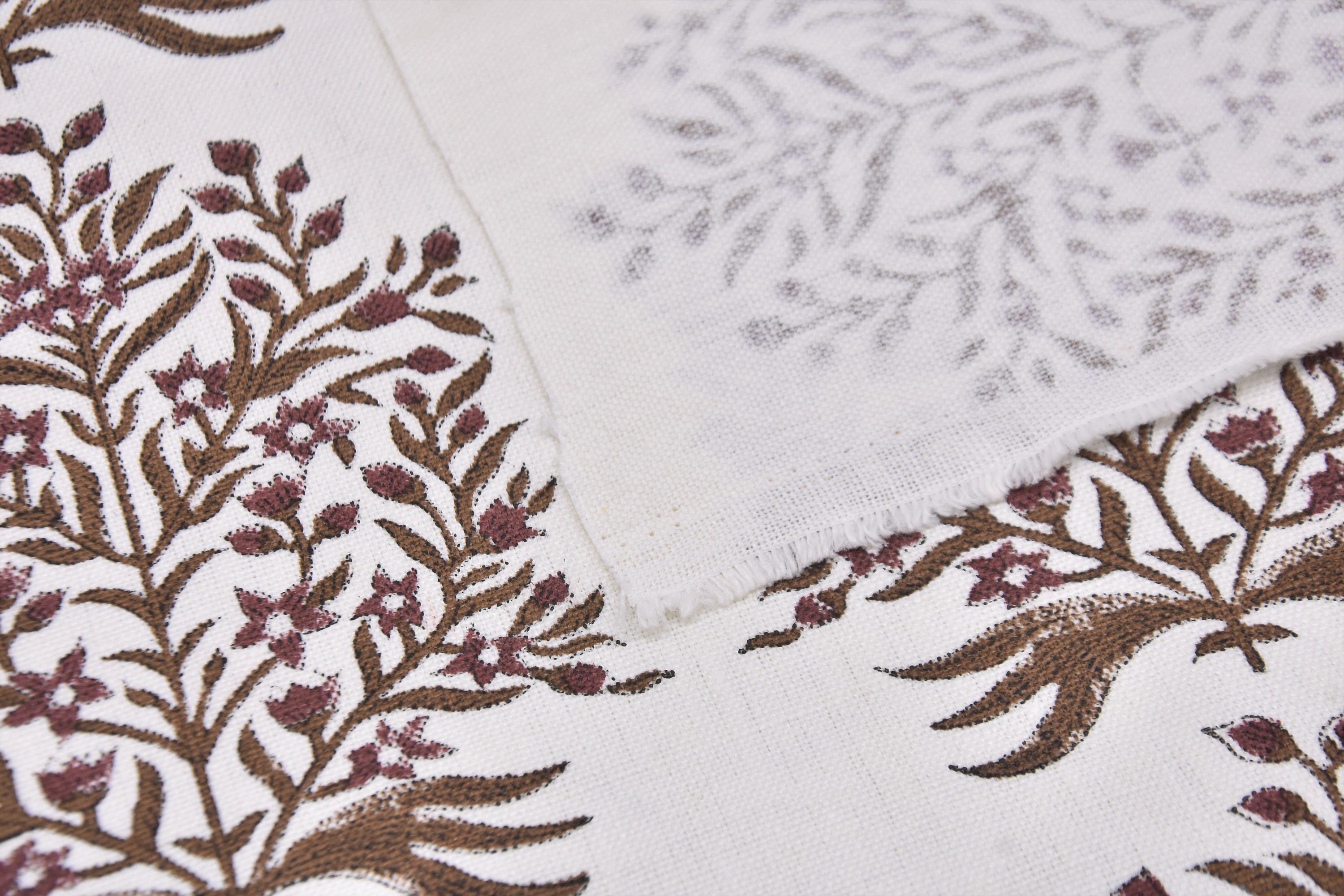 Decorative floral block print fabric, off-white linen 58" wide, window curtains, linen pillows and cushions - VRINDAVAN