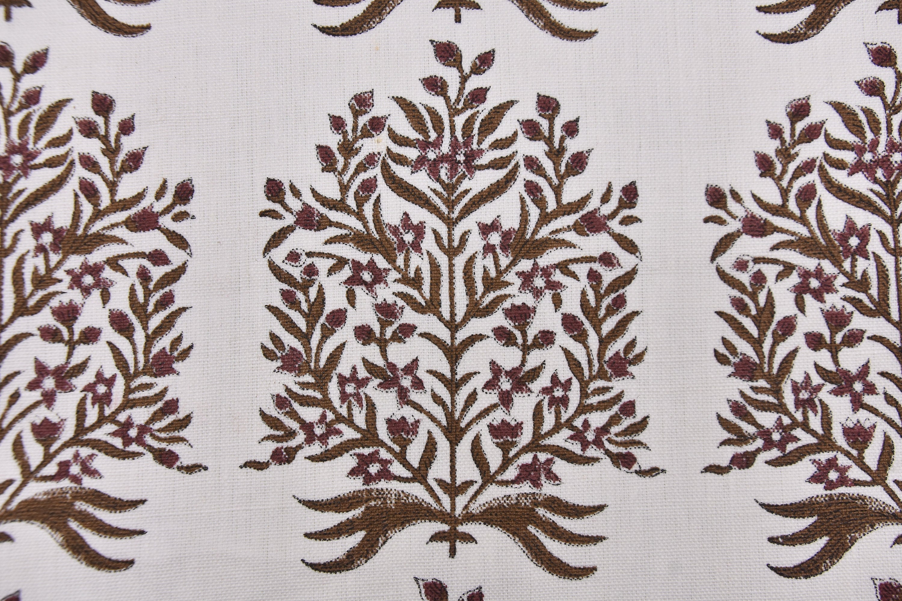 Decorative floral block print fabric, off-white linen 58" wide, window curtains, linen pillows and cushions - VRINDAVAN