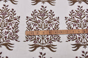 Decorative floral block print fabric, off-white linen 58" wide, window curtains, linen pillows and cushions - VRINDAVAN