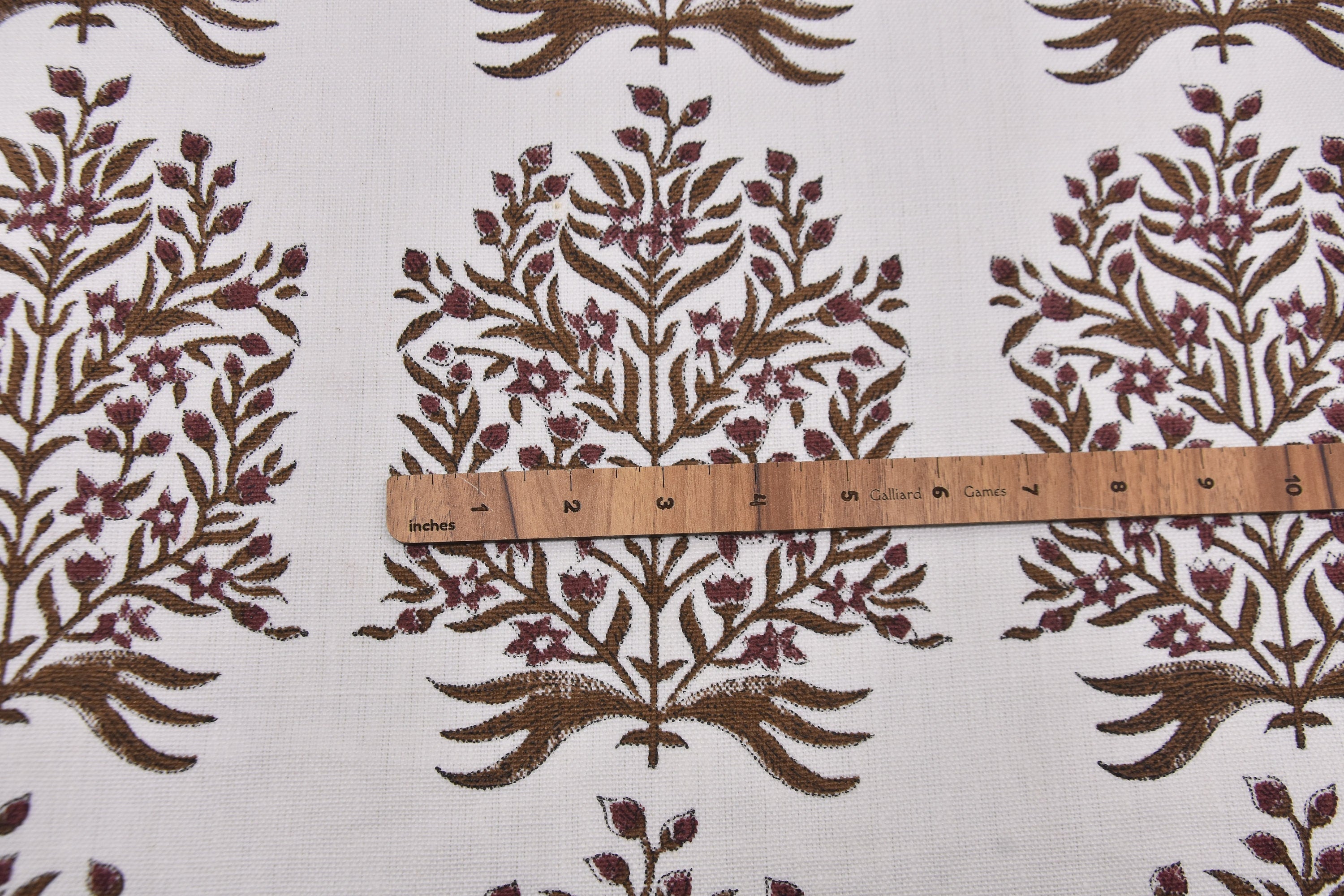 Decorative floral block print fabric, off-white linen 58" wide, window curtains, linen pillows and cushions - VRINDAVAN