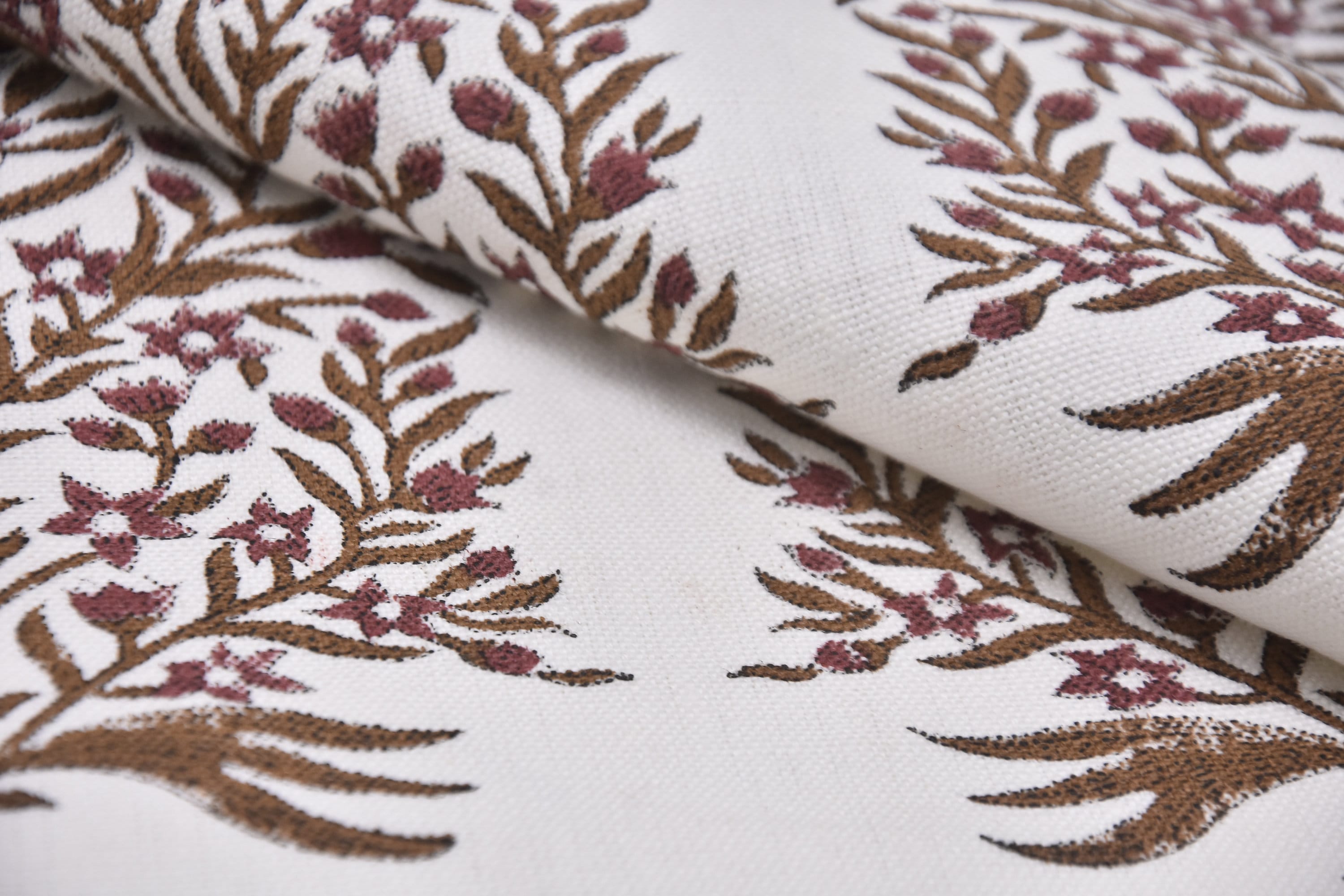 Decorative floral block print fabric, off-white linen 58" wide, window curtains, linen pillows and cushions - VRINDAVAN