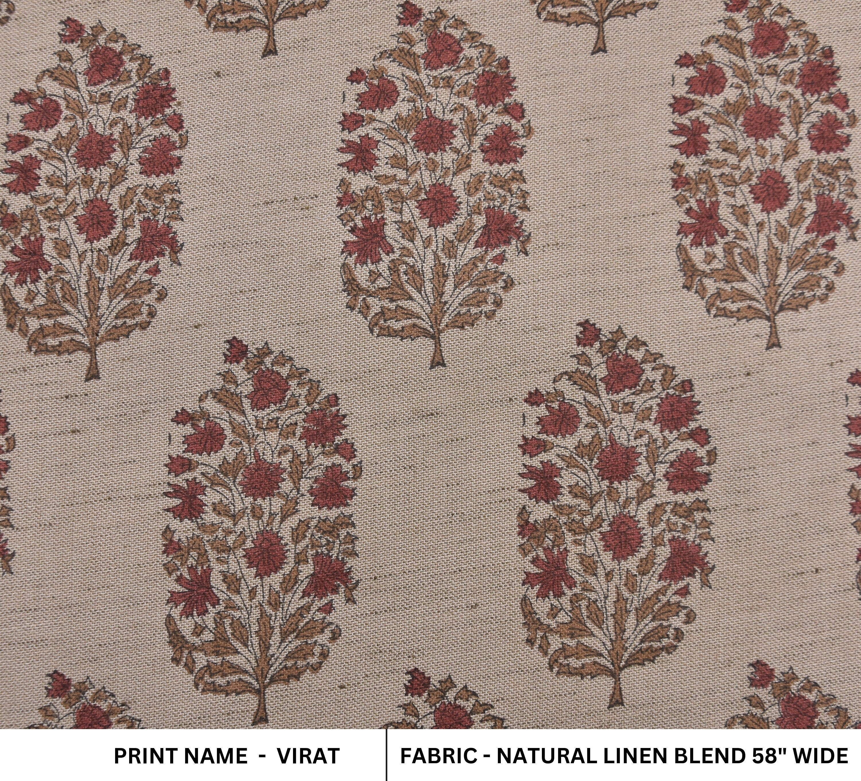 Floral block art, hand block print, natural linen blend 58" wide, upholstery drapery fabric, linen sofa cushions and pillows - VIRAT