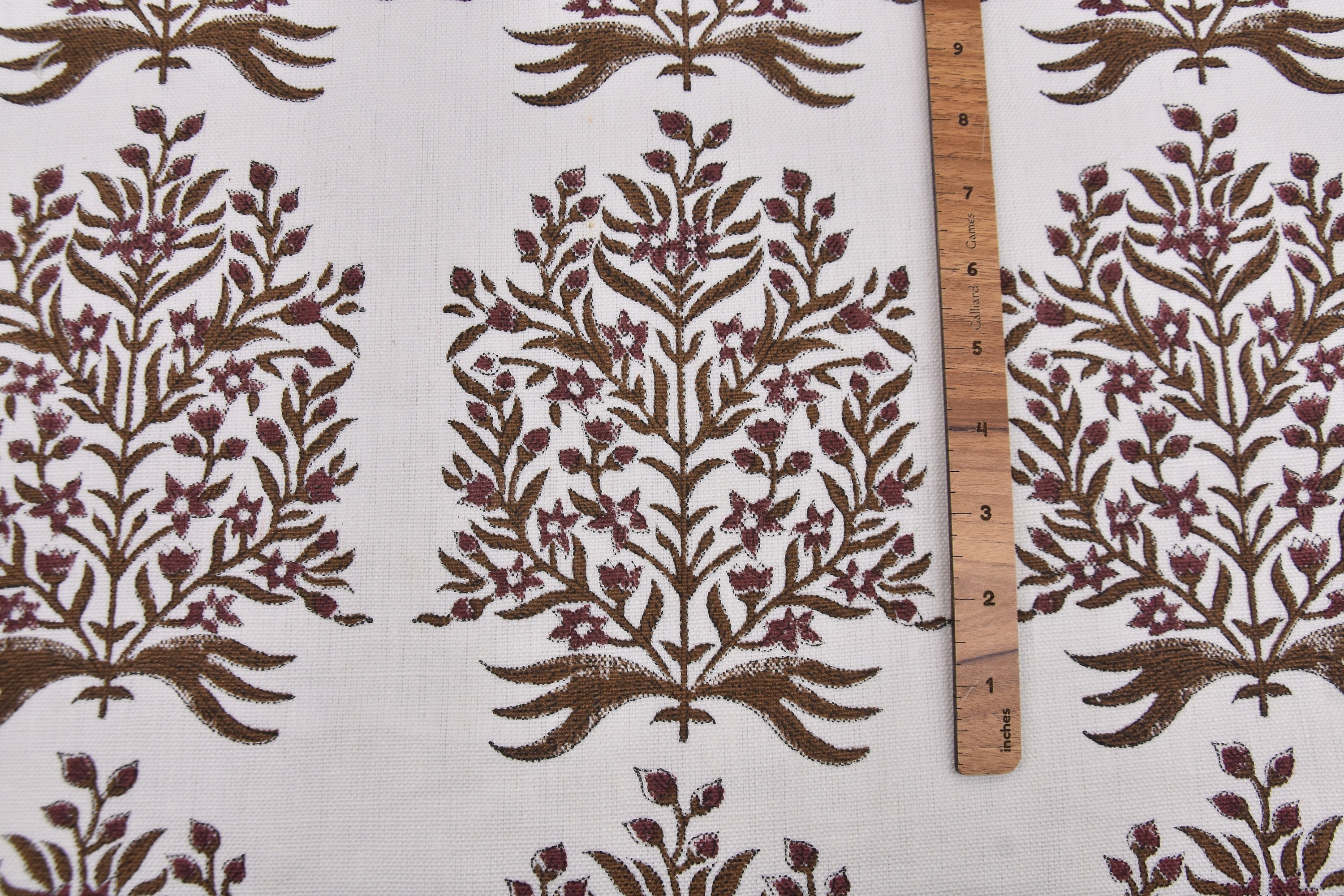 Decorative floral block print fabric, off-white linen 58" wide, window curtains, linen pillows and cushions - VRINDAVAN