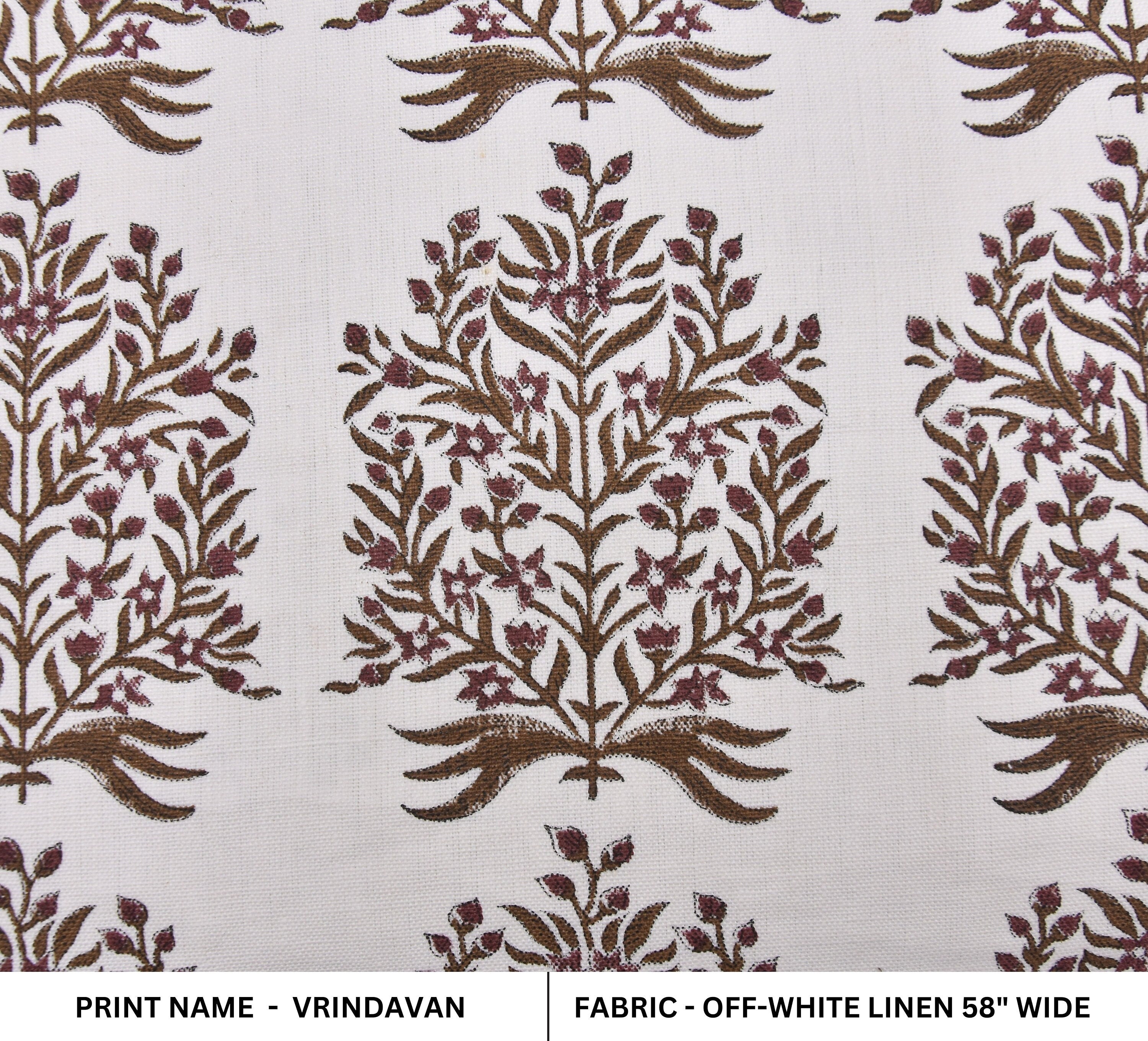 Decorative floral block print fabric, off-white linen 58" wide, window curtains, linen pillows and cushions - VRINDAVAN