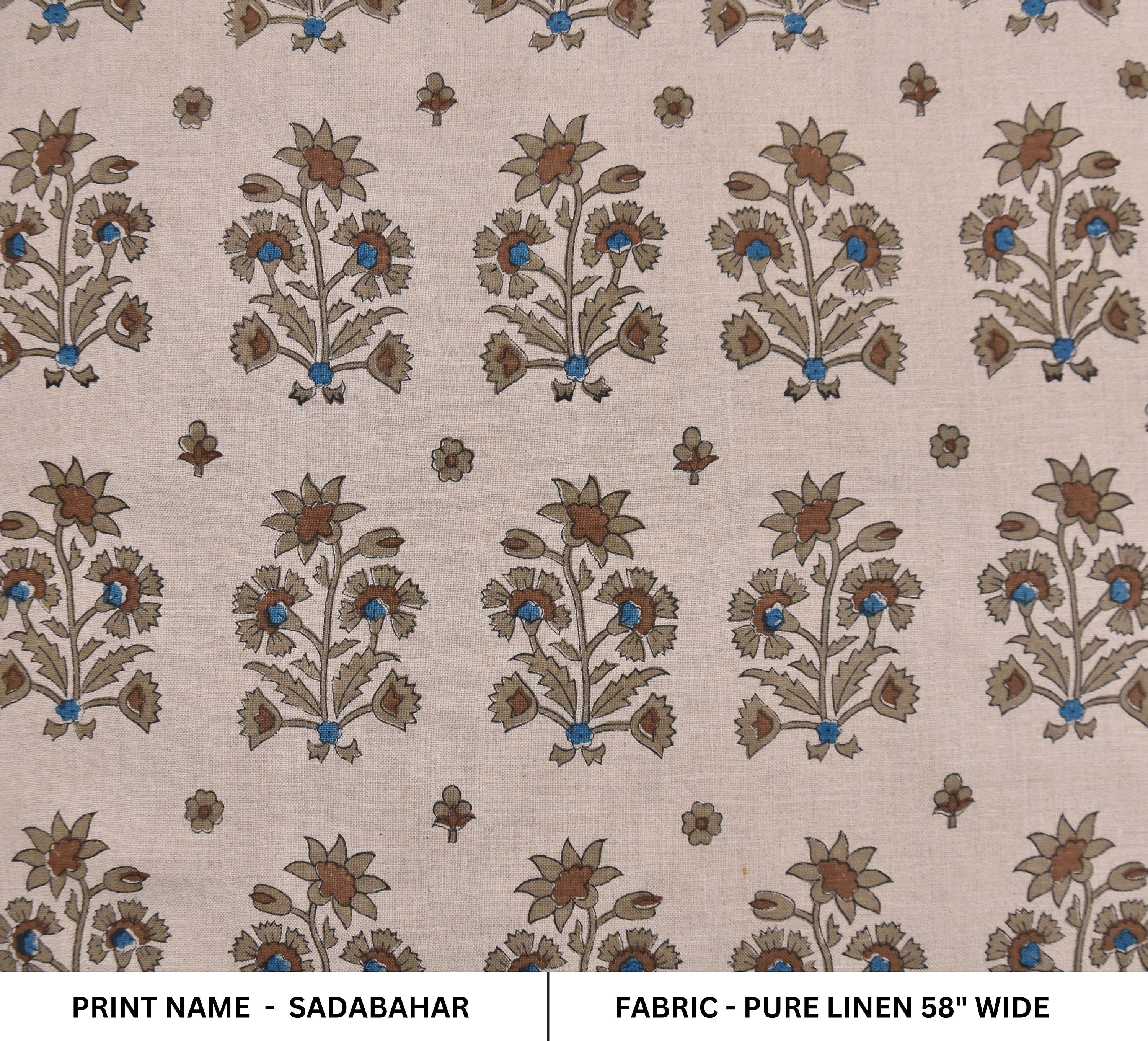 Block print window curtains, linen pillows, pure linen 58" wide fabric, Indian handmade art, hand block textiles - SADABAHAR